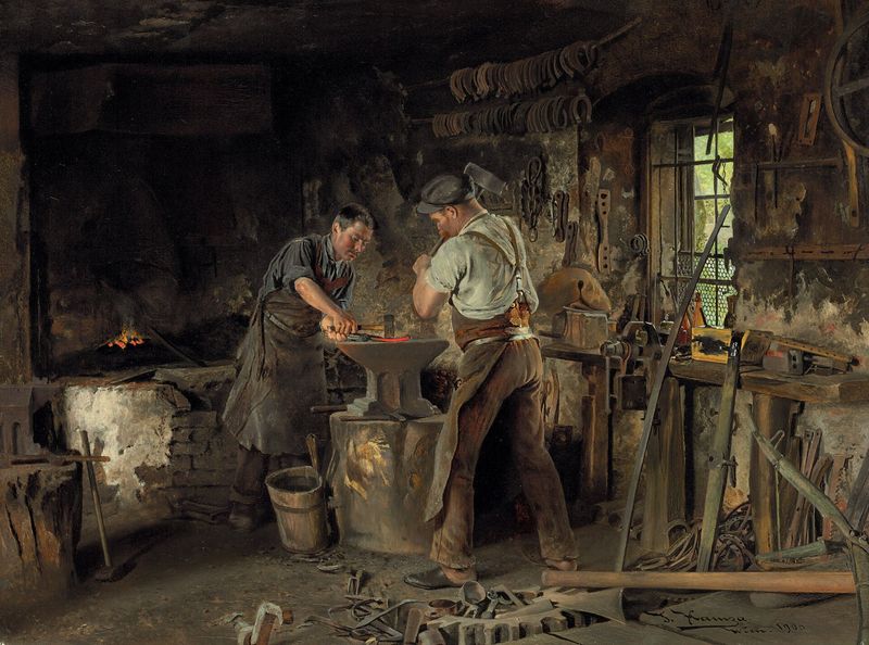 Двое кузнецов у наковальни, картина Иоганна Хамзы, 1900